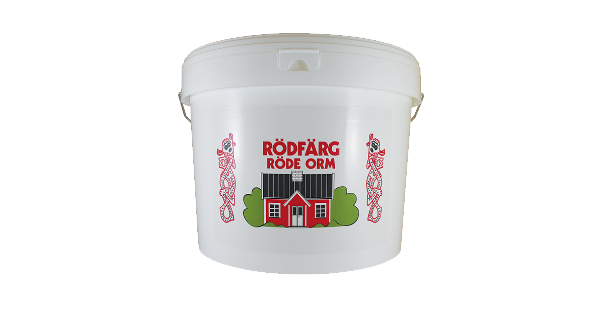 Vit burk med röd text rödfärg röde orm. Röd stuga med grönt.