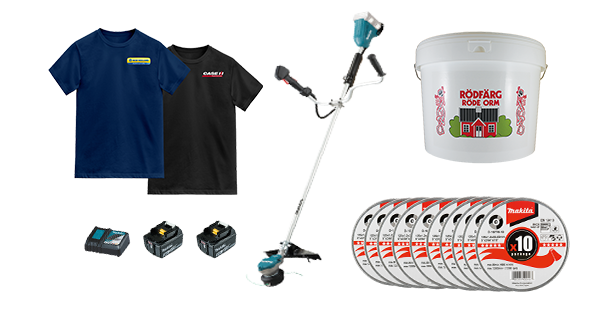 1 blå t-shirt, 1 svart t-shirt, 2 batteri, 1 laddare, 1 grästrimmer, 10 kapskivor och 1 10 L färgdunk